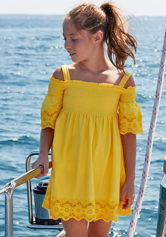 bohemian dressMayoral Girls Embroidered Cold Shoulder Dress, Yellow