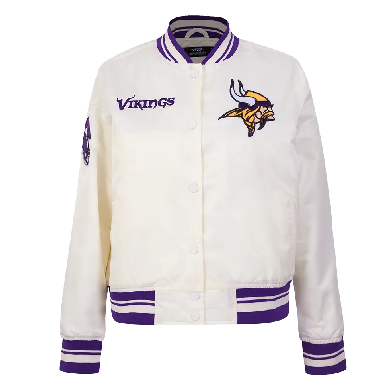 street style coatNFL MINNESOTA VIKINGS RETRO CLASSIC WOMEN'S RIB SATIN JACKET (EGGSHELL/ PURPLE)