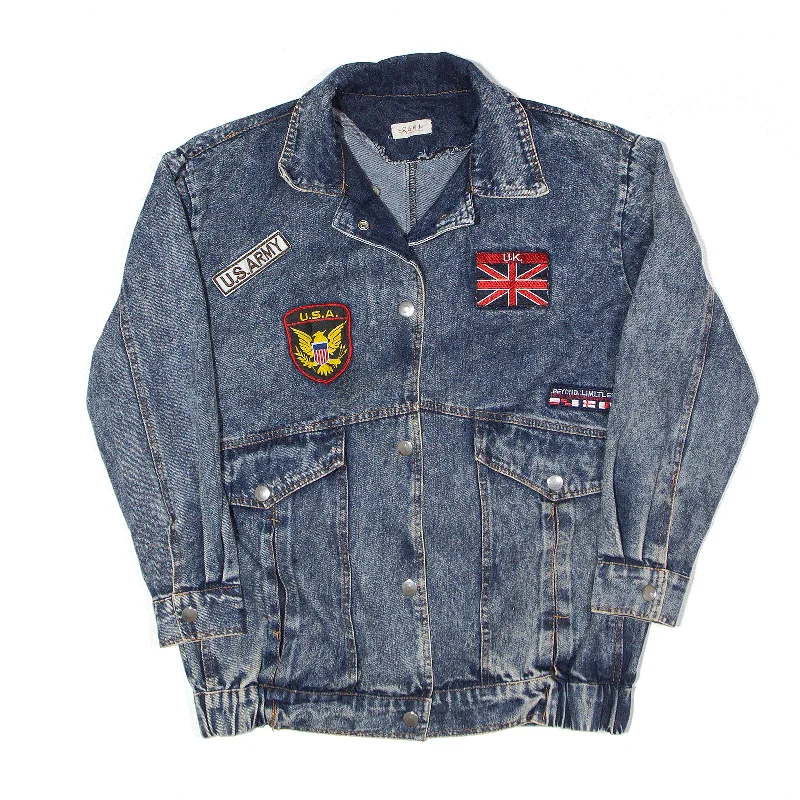 chic outerwearUSA Union Jack Patched Jacket Blue Denim Womens L