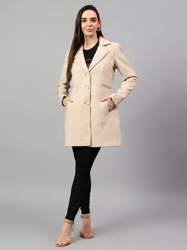 cozy coatWomen's Beige Solid Full Sleeves Winter Long Coat