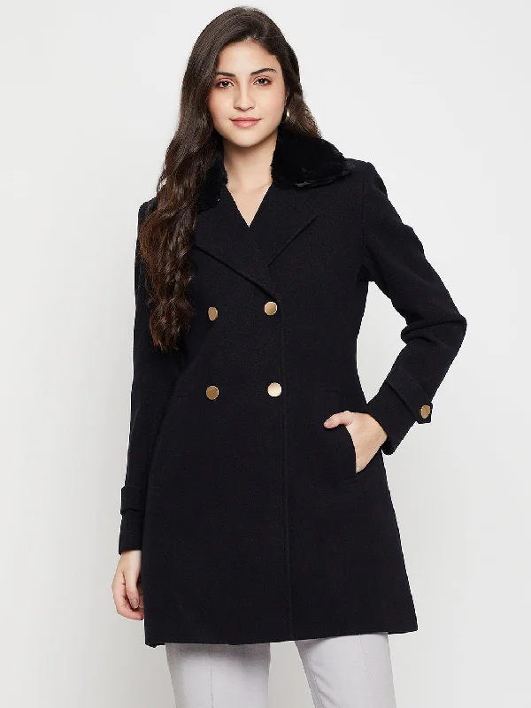 chic coatWomen's Casual  Navy Blue Double breasted Notched Lapel Collar with Faux Fur insert Long Coat