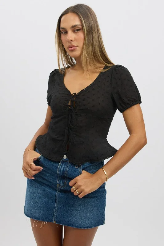 tailored coatBlack Tie Up Top Short Sleeve Eyelet