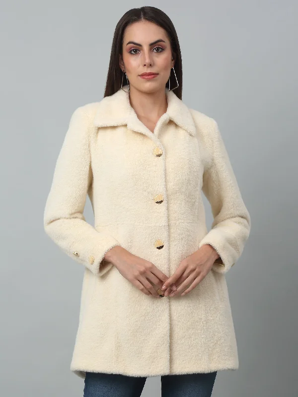 slim fit coatWomen's Casual  Ivory Single breasted  Spread Collar Long Coat