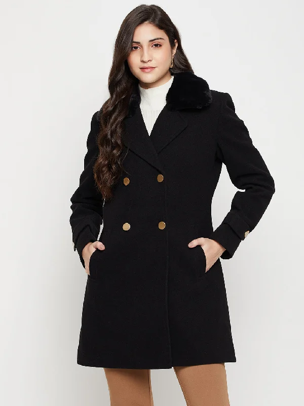 lightweight coatWomen's Casual  Black Double breasted Notched Lapel Collar with Faux Fur insert Long Coat