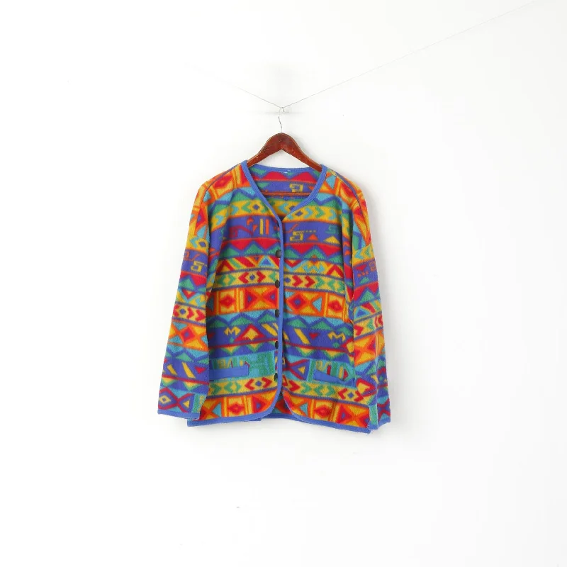 Vintage Women XL Fleece Top Multicoloured Oversize Buttoned Vintage Sweatshirt