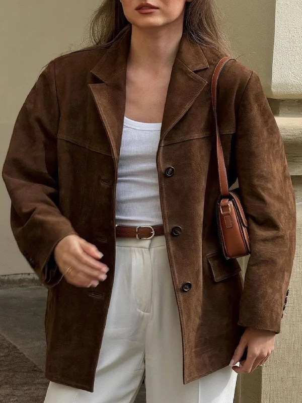 modern outerwearBrown Suede Button Up Jacket