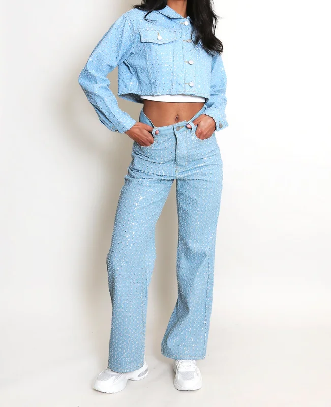 stylish lightweight coatEsme Sequin Cropped Denim Jacket and Jeans Two Piece Set