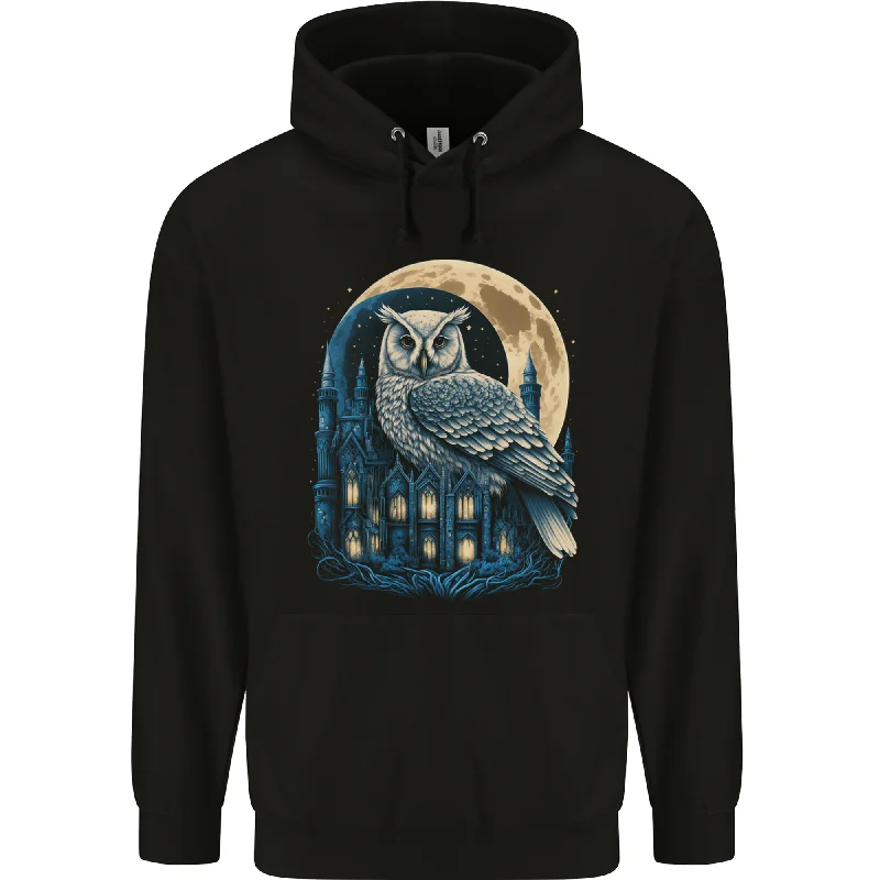 fleece hoodie for winterA Fantasy Owl Sitting on a House With Moon Mens 80% Cotton Hoodie