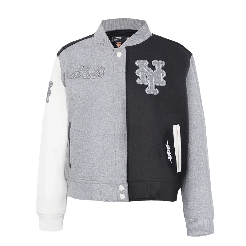 chic outerwearMLB NEW YORK METS REVERSE FRENCH TERRY WOMEN'S WOOL VARSITY JACKET (BLACK/GRAY/EGGSHELL)