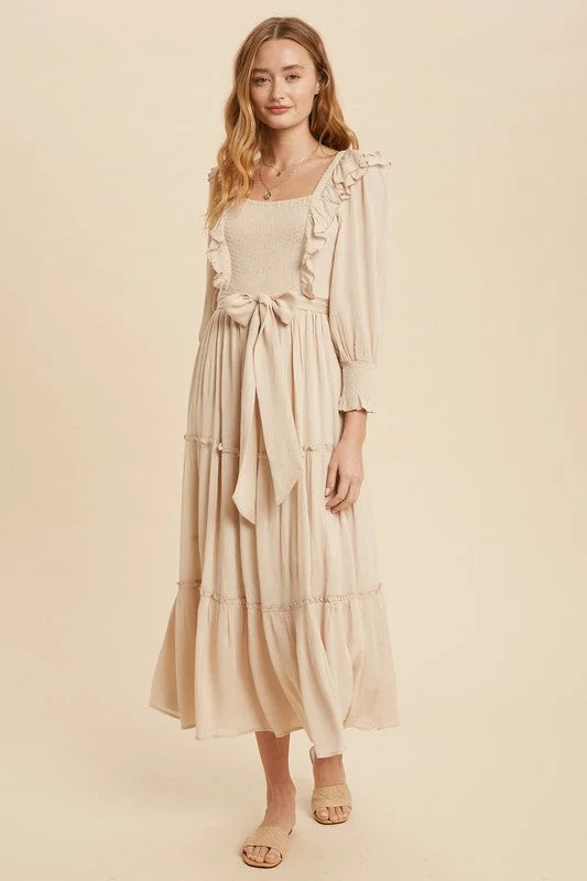 off-shoulder dressSavanah Ruffle Summer Dress in Sand