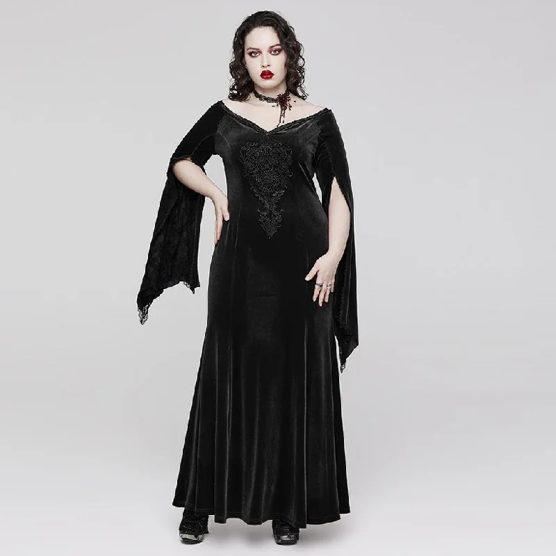 floral dressWomen's Plus Size Gothic Flared Sleeved Floral Embroidered Velvet Wedding Dress