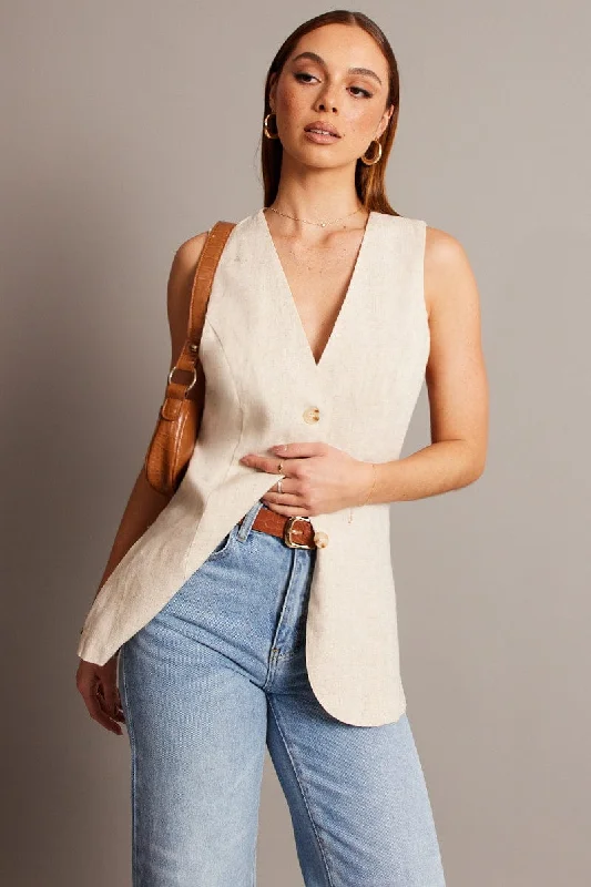 trendy jacketBeige Linen Vest Longline V Neck