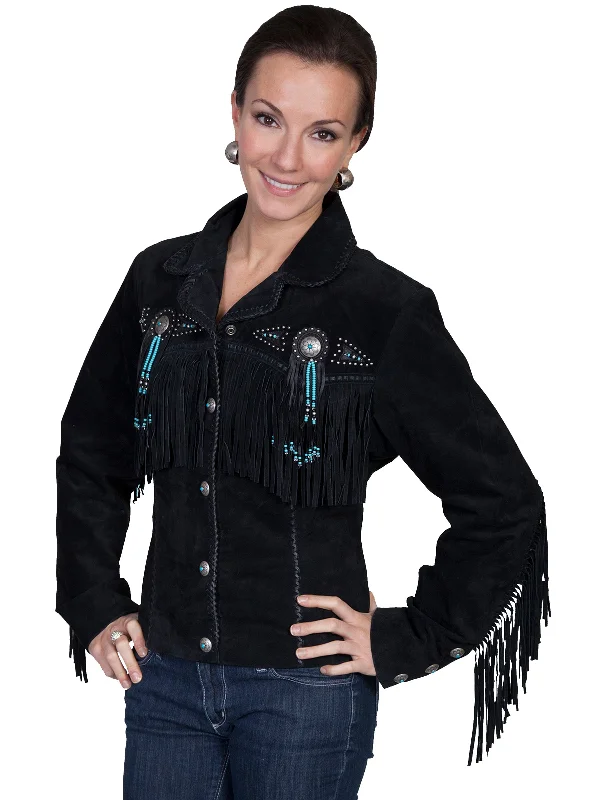 urban street coatScully Leather Womens Beaded Fringe Conchos Boar Suede Jacket Black XL