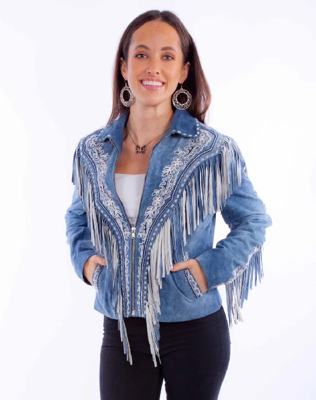 lightweight winter coatScully Womens Fringe Zip Front Blue Leather Leather Jacket M