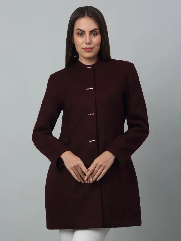 modern coatWomen's Casual  Burgundy Single breasted  Stand Collar Long Coat