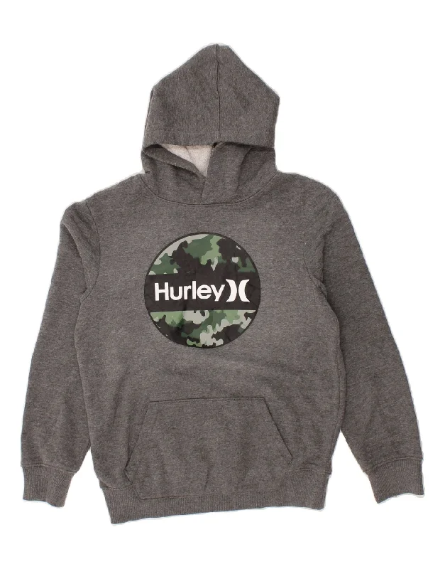 HURLEY Boys Graphic Hoodie Jumper 14-15 Years Grey Cotton