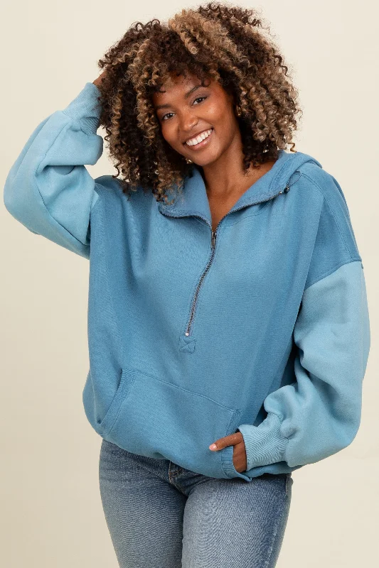 Blue Colorblock Half Zip Hoodie