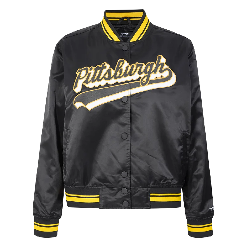 retro coatNFL PITTSBURGH STEELERS SCRIPT TAIL WOMEN'S SATIN JACKET (BLACK/YELLOW)