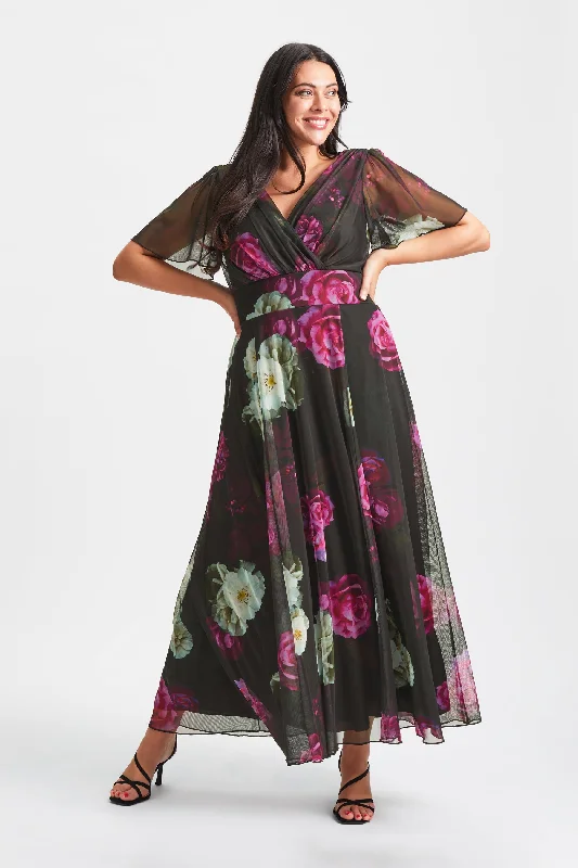 midi dressIsabelle Black Fuchsia Float Sleeve Maxi Dress