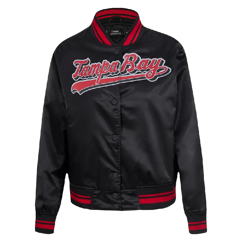 classic bomber jacketNFL TAMPA BAY BUCCANEERS SCRIPT TAIL WOMEN'S SATIN JACKET (BLACK/RED/BLACK)