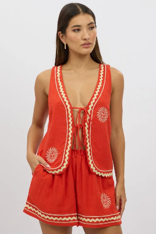 fashionable outerwearRed Linen Vest Sleeveless Embo