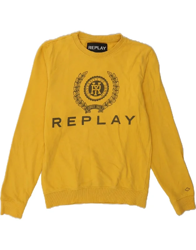 REPLAY Mens Graphic Sweatshirt Jumper Medium Yellow Cotton