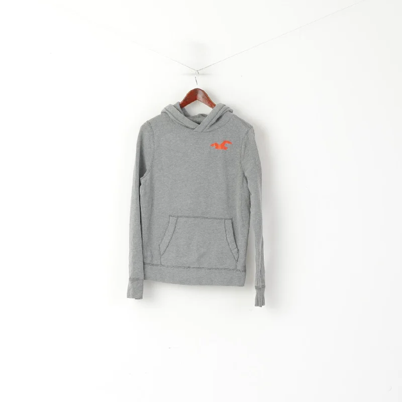 Hollister Women M Sweatshirt Grey Cotton Hooded Logo Soft Kangaroo Pocket Top